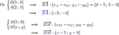 \text{Or }\left\lbrace\begin{matrix}B(5\,;\,9)\\A(2\,;\,5)\end{matrix}\right.\ \ \ \Longrightarrow\ \ \ \overrightarrow{BA}:(x_A-x_B\,;\,y_A-y_B)=(2-5\,;\,5-9) \\\phantom{WWWWwww.}\Longrightarrow\ \ \ {\blue{\overrightarrow{BA}:(-3\,;\,-4)}} \\\\\phantom{W..}\left\lbrace\begin{matrix}B(5\,;\,9)\\M(x\,;\,y)\end{matrix}\right.\ \ \ \Longrightarrow\ \ \ \overrightarrow{BM}:(x_M-x_B\,;\,y_M-y_B) \\\phantom{WWWW...www}\Longrightarrow\ \ \ {\blue{\overrightarrow{BM}:(x-5\,;\,y-9)}} \\\\\text{D'où }\ \overrightarrow{BA}.\overrightarrow{BM}=0\Longleftrightarrow x_{\overrightarrow{BA}}\times x_{\overrightarrow{BM}}+y_{\overrightarrow{BA}}\times y_{\overrightarrow{BM}}=0 \\\\\phantom{WWWWW...WW}\Longleftrightarrow-3(x-5)-4(y-9)=0 \\\phantom{WWWWW...WW}\Longleftrightarrow-3x+15-4y+36=0 \\\phantom{WWWWW...WW}\Longleftrightarrow-3x-4y+51=0 \\\phantom{WWWWW...WW}\Longleftrightarrow\boxed{3x+4y-51=0}
